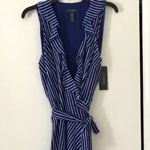 NWT Ralph Lauren Wrap Dress Blue Pinstripe Size 14